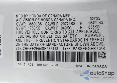 2025 Honda Civic Sport z USA, uszkodzony, nr VIN 2HGFE2F54SH576118